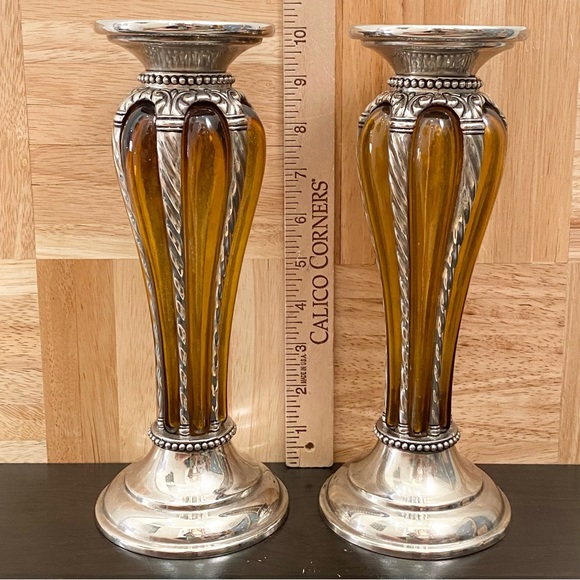 Rare Vintage MCM Mid Century Modern Amber Silver-plate Caged Candle Holder Set - Picture 10 of 12
